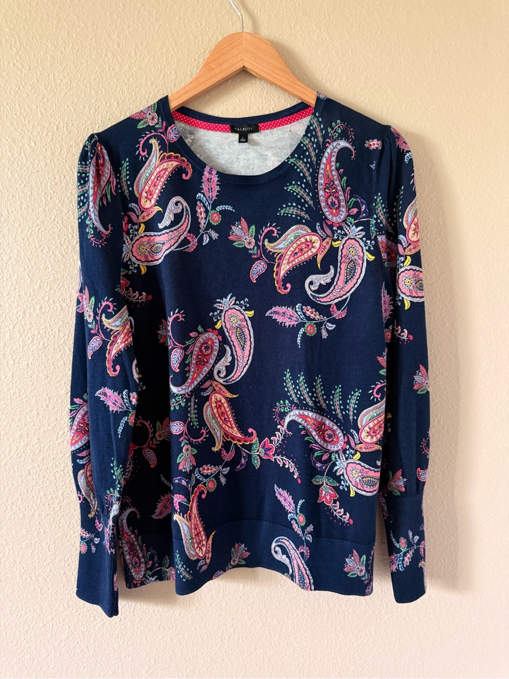 Talbots Navy Paisley Long Sleeve Tee with Pink & Green Accents - Picture 2 of 7